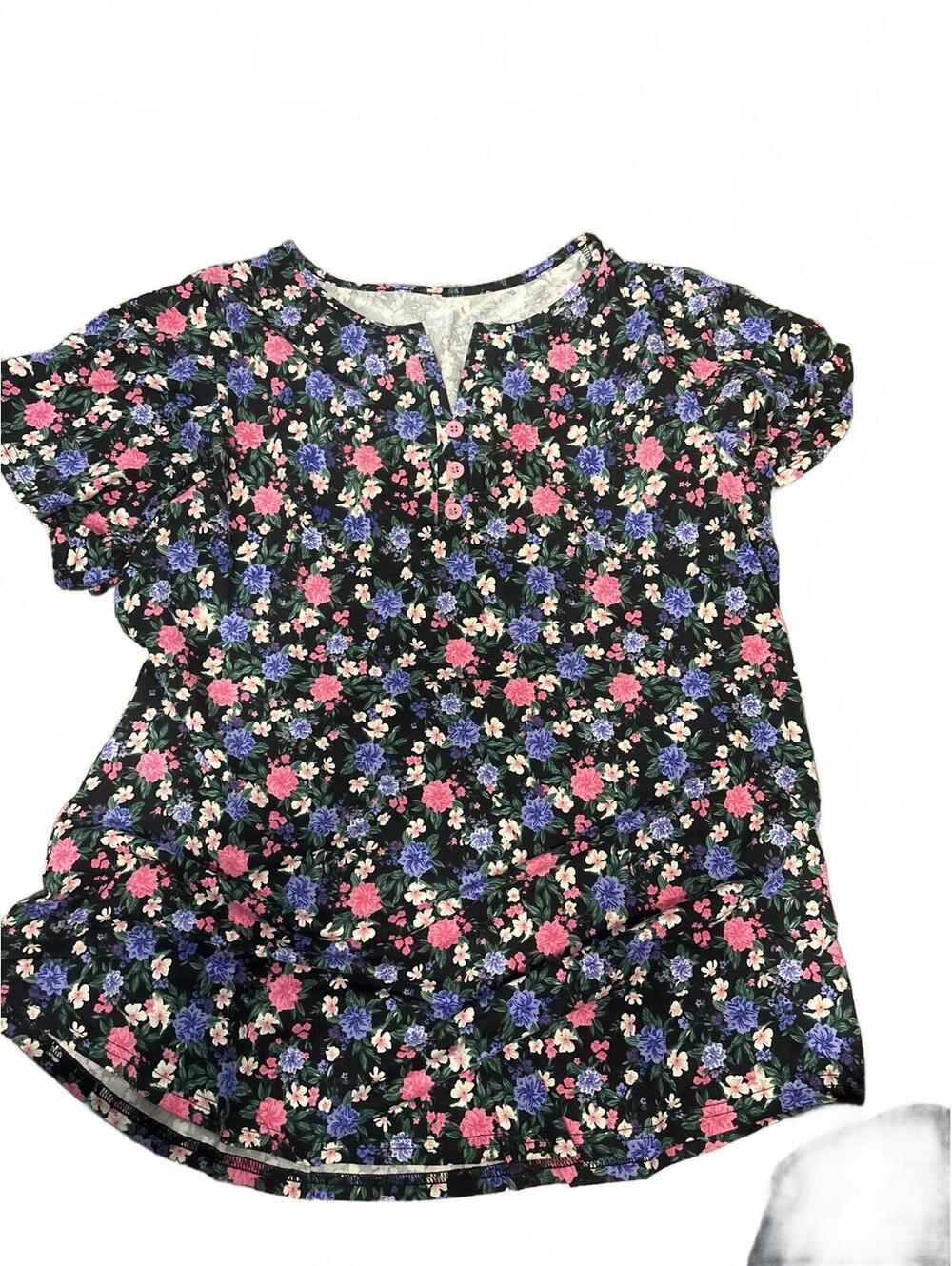 Womens Floral Print Short Sleeve Top Henley Button Neck Casual Blouse Size M
